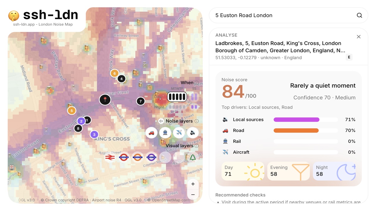 ssh-ldn analysing 5 Euston Road with an 84/100 noise score, source breakdown, and DEFRA heatmap over King's Cross